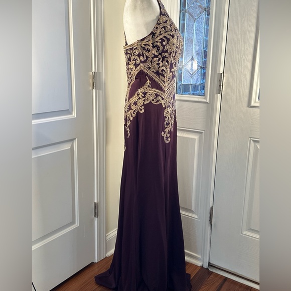 Dancing Queen Purple and Gold Embellished Halter Gown - Picture 6 of 16
